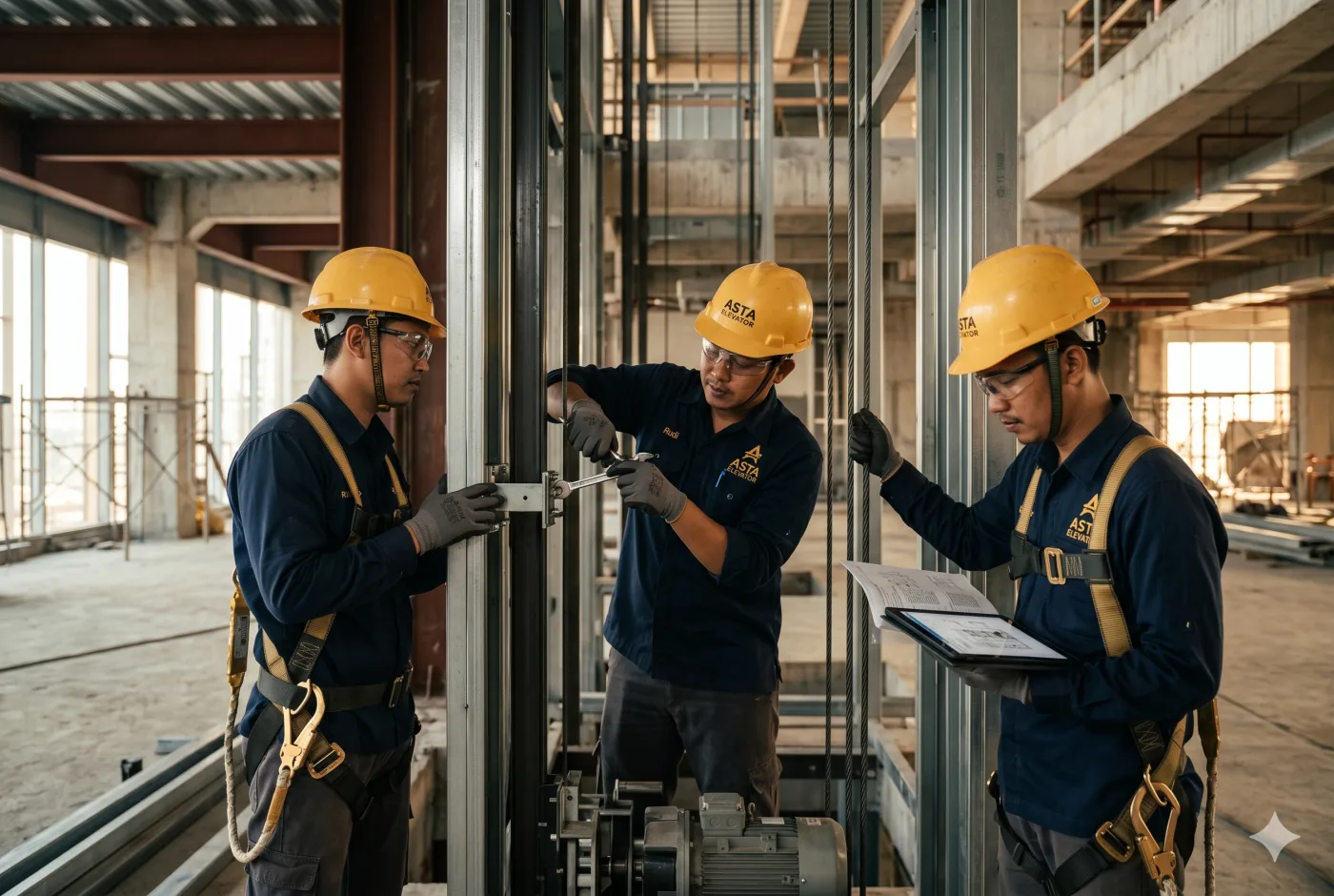 Tim teknisi ABTECH saat instalasi lift di proyek gedung.