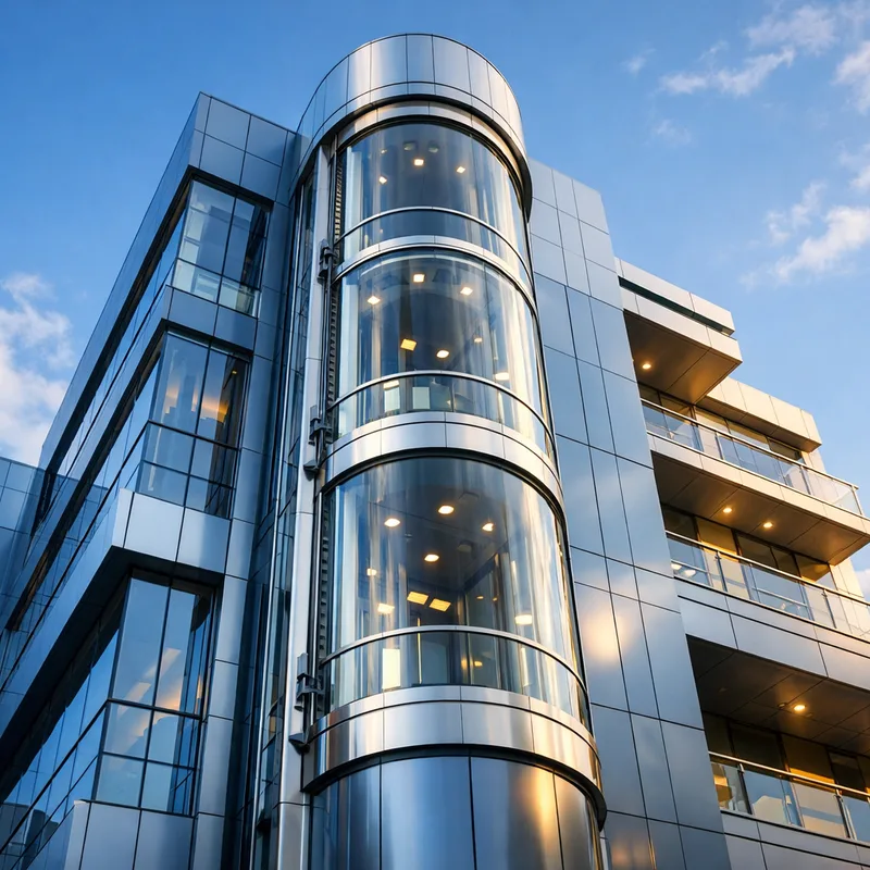 Gedung modern dengan lift panoramic ABTECH terpasang