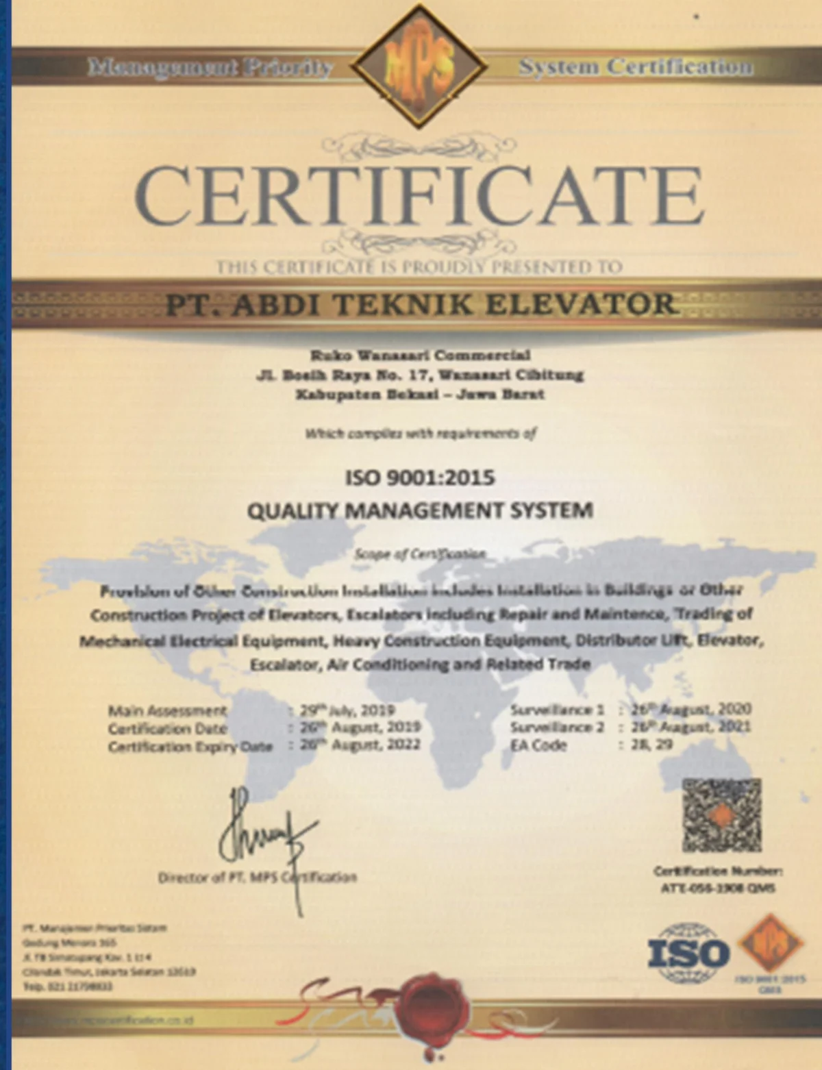 Sertifikat ISO 9001:2015 Quality Management System PT Abdi Teknik Elevator.
