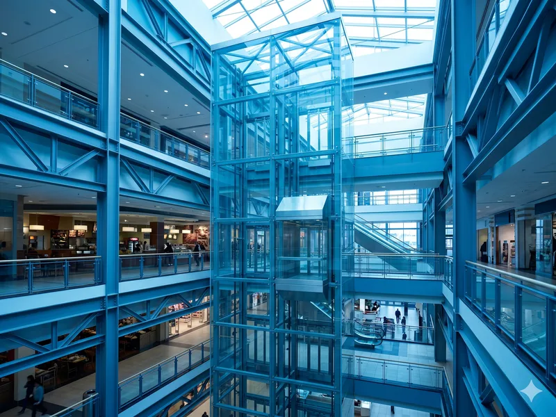 Lift panoramic kaca di atrium mall modern dengan struktur baja