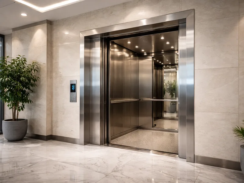 Lift penumpang stainless steel di lobby gedung perkantoran modern