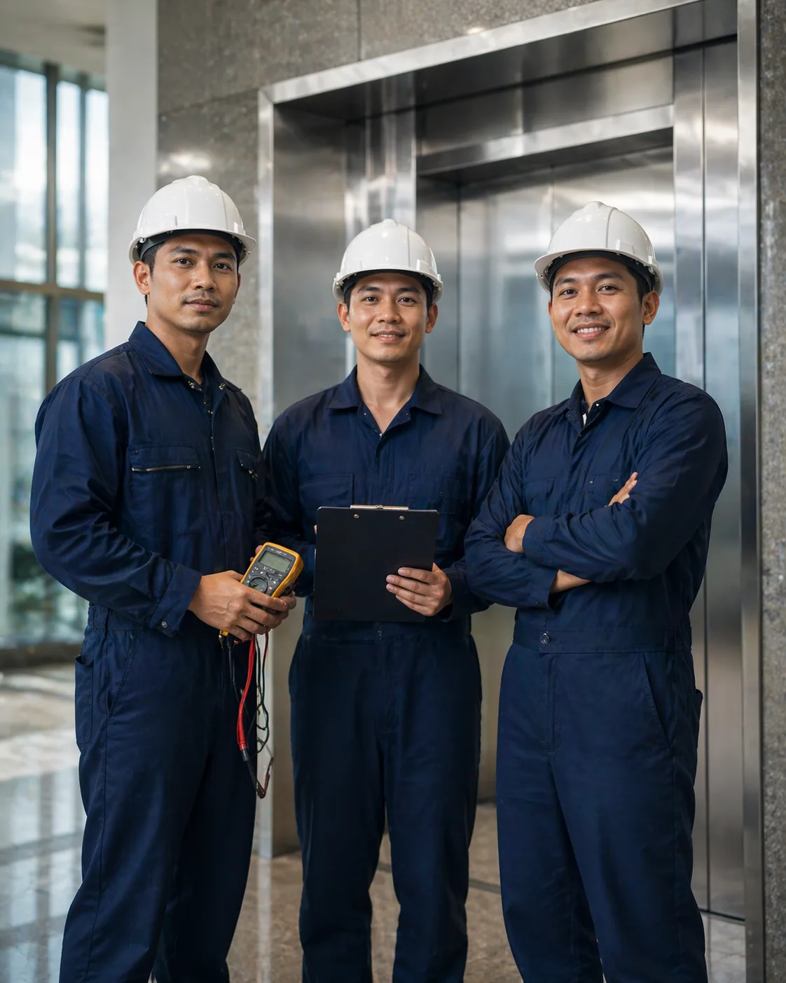 Tim teknisi ABTECH bersertifikat K3 di depan lift terpasang.